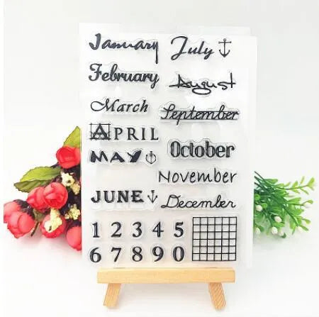Close-up of a transparent silicone vintage calendar seal stamp showing a digital table icon design.