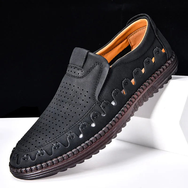 Men's brown handmade PU leather slip-on casual shoes with flat heel and round toe cap.