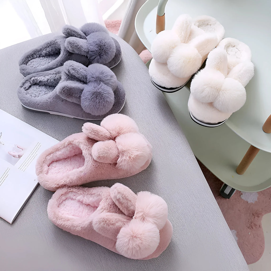 Women's fluffy rabbit fur high-top slippers with floral details and low heel