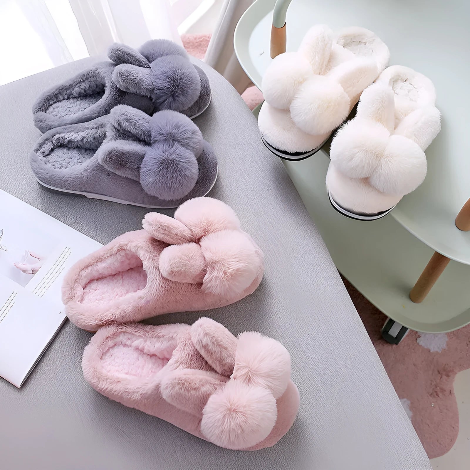 Women's fluffy rabbit fur high-top slippers with floral details and low heel