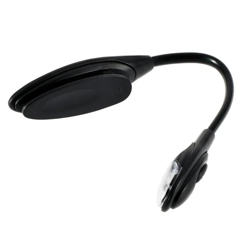 Black clip-on LED book light with gooseneck arm and small LED head, 26cm total length