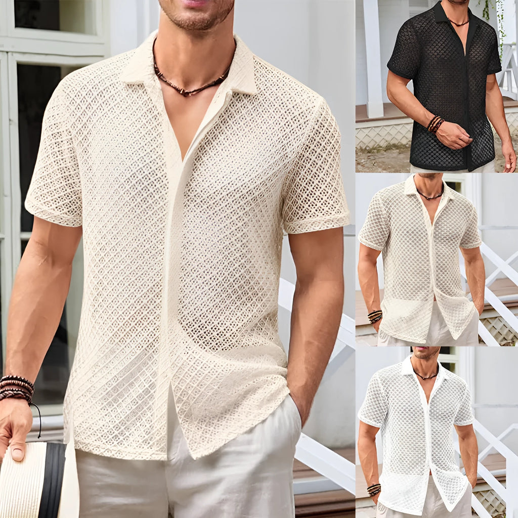 Men's mesh fabric short sleeve shirt with lapel collar in milky white colour