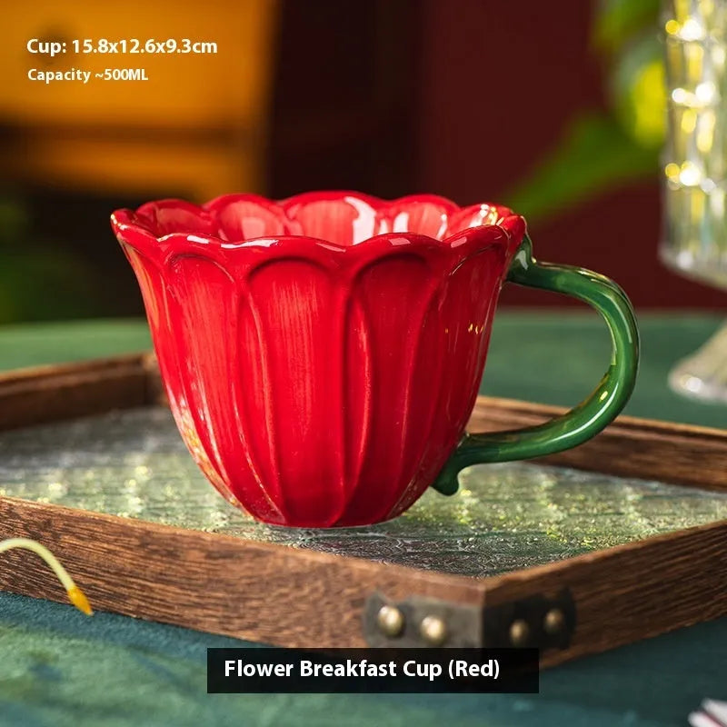 Floral pattern ceramic breakfast cup with 500ml capacity in pastoral style design
