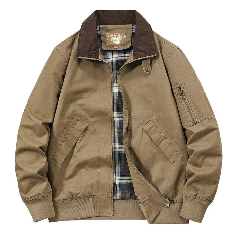 Men's casual washed cotton flight jacket in army green colour