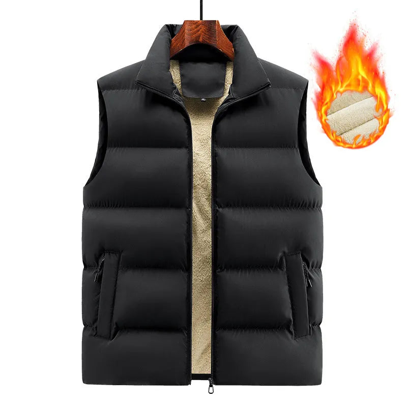 Men's striped lambswool vest or waistcoat in black, dark blue, or red, available in sizes M to 5XL.