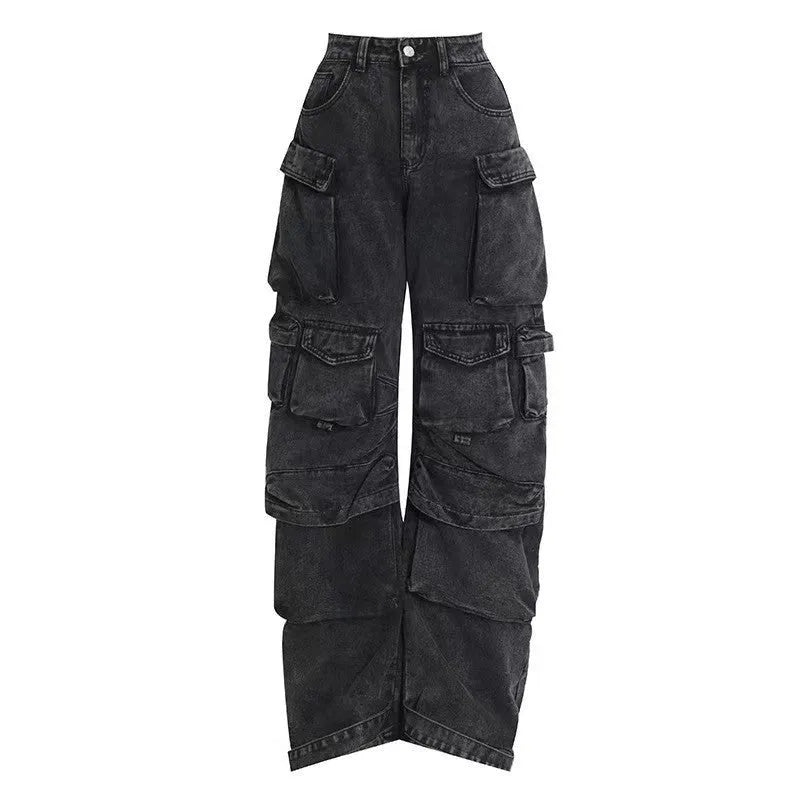 Women's high waist wide leg tie-dyed jeans with multiple pockets in street hipster style