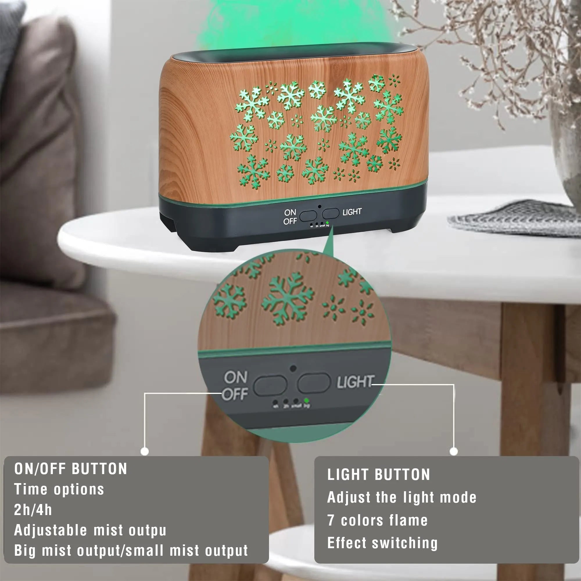 Colourful snowflake pattern wood grain aromatherapy humidifier with flame effect lighting on desktop