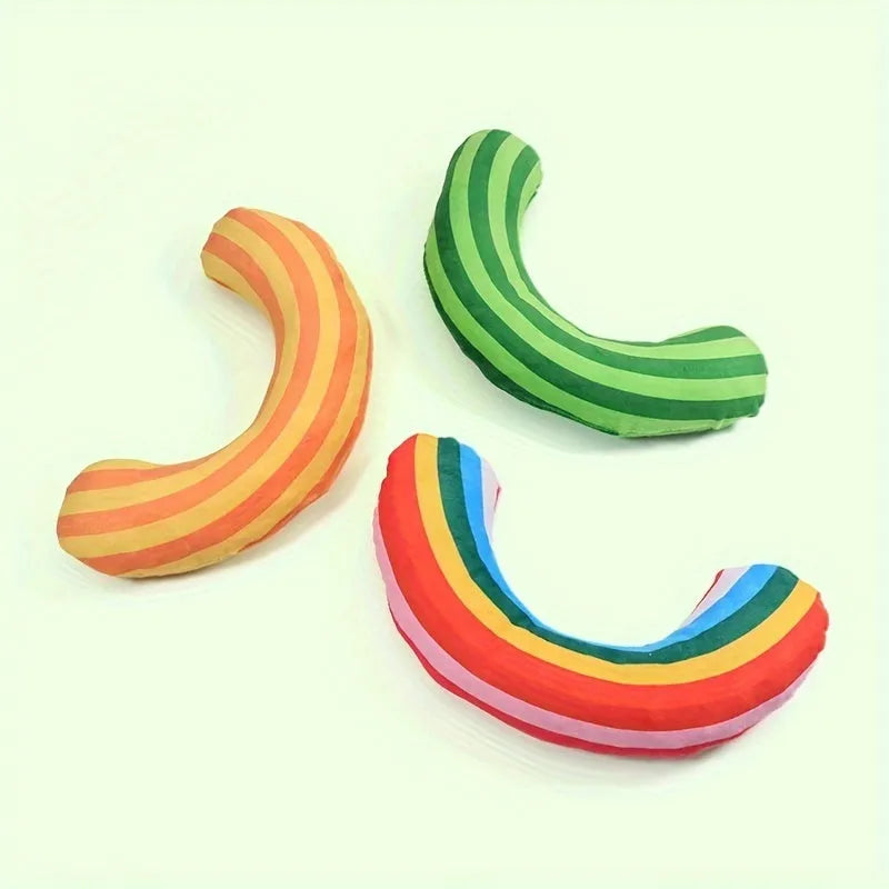 Striped pattern cat pillow toy with built-in catnip in green, rainbow, or yellow colours