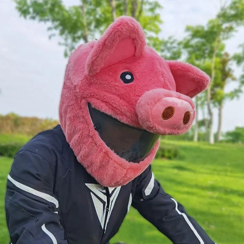 Pink pig cartoon plush motorcycle helmet protective hood made from soft pv velvet cloth