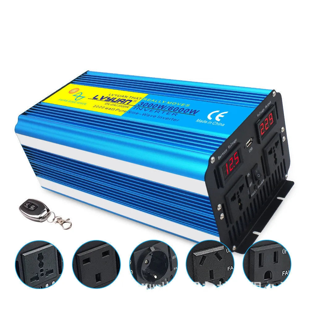 Blue 3000W pure sine wave car power inverter with digital display and UK socket.