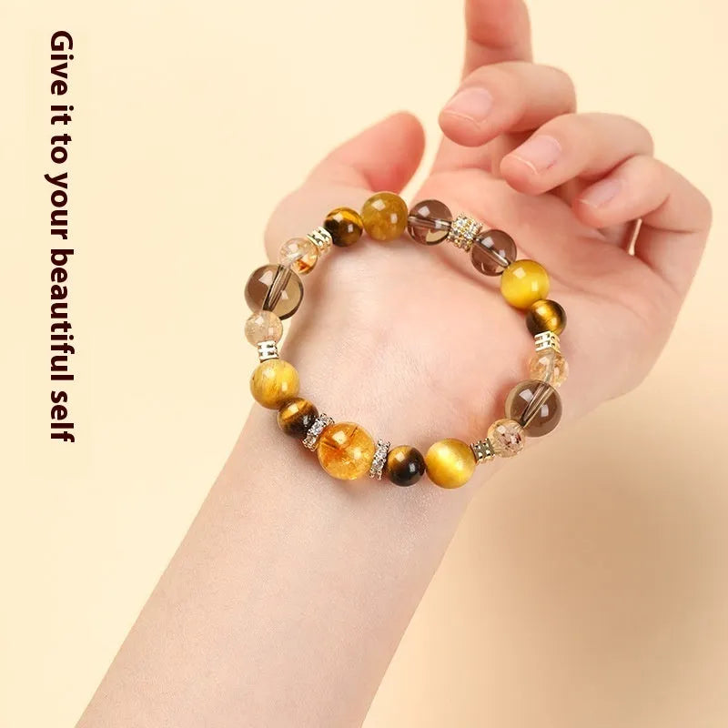 Natural yellow tiger-eye crystal bracelet with geometric design in 10mm or 12mm size