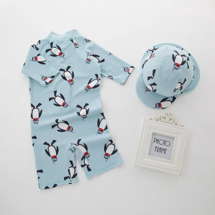Boy's long sleeve swimsuit with penguin design swimming cap for sun protection