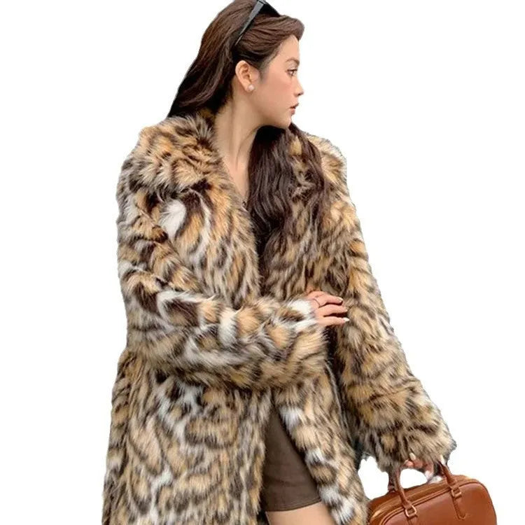 Women's artificial fur coat with fur collar in street fashion style showing mid-length and long options
