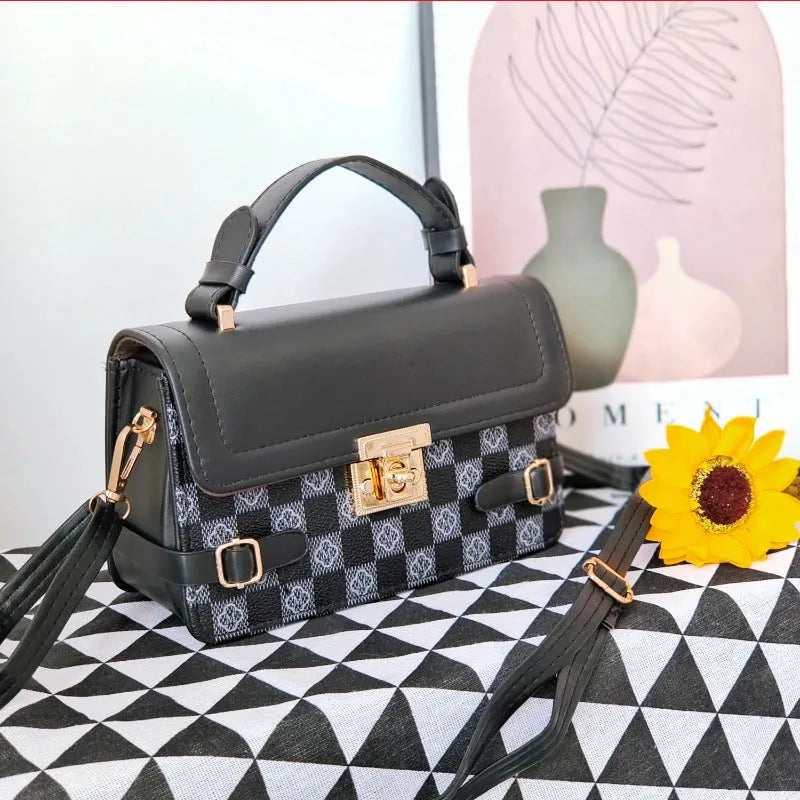 PU leather retro square crossbody bag with ethnic stitching and plaid patterns, shown in apricot colour.