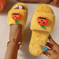 Yellow Halloween pumpkin cartoon design open-toe plush slippers with synthetic fur