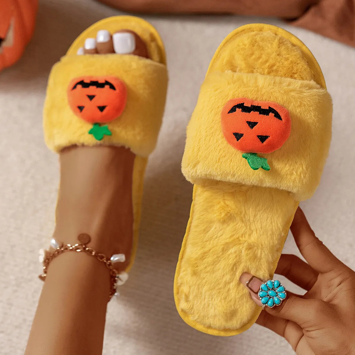 Yellow Halloween pumpkin cartoon design open-toe plush slippers with synthetic fur