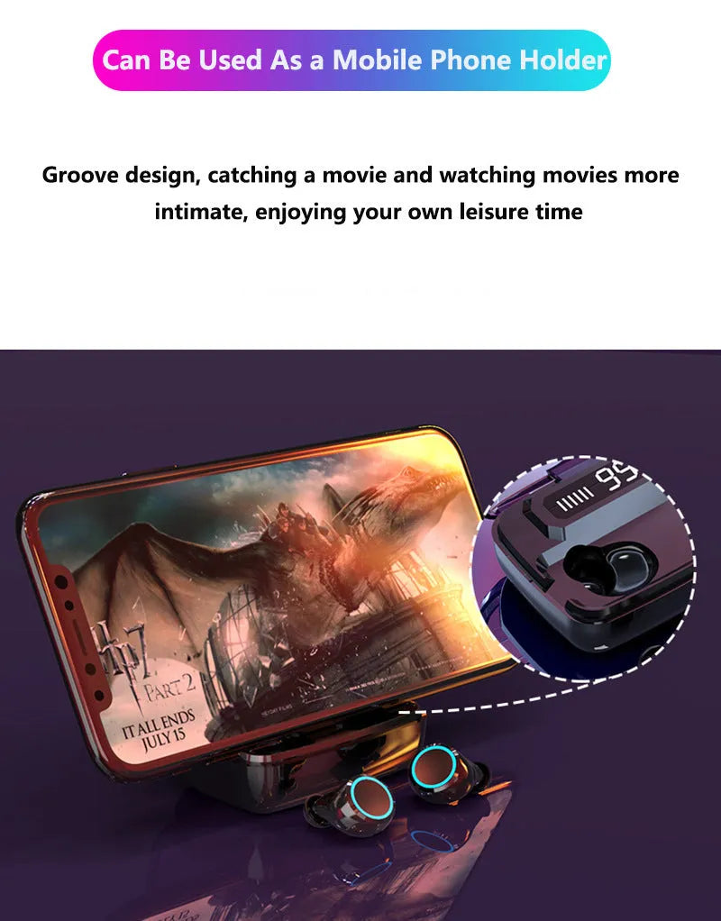 Black M11 Bluetooth wireless headset with digital display and charging case with mobile phone holder