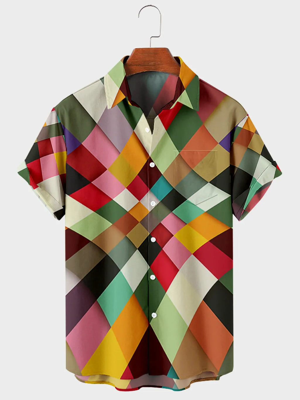 Men's simple striped digital printed short sleeve shirt in photo colour, polyester four-way stretch fabric, summer daily wear.