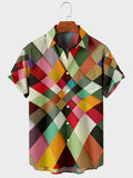 Men's simple striped digital printed short sleeve shirt in photo colour, polyester four-way stretch fabric, summer daily wear.