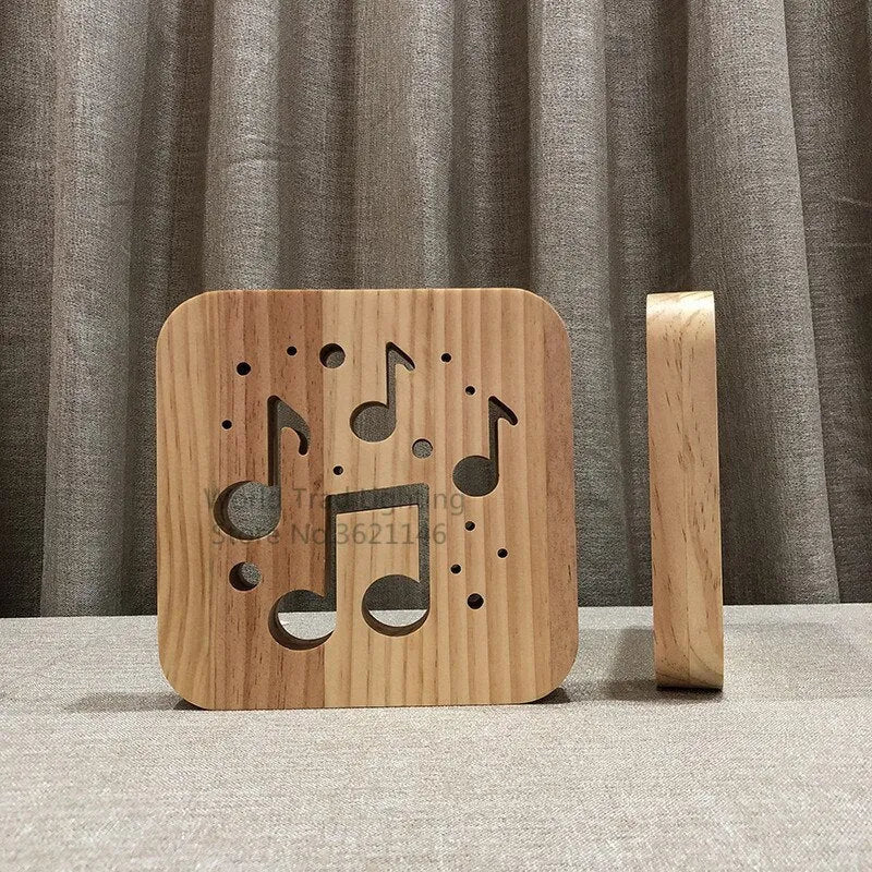Square pine wood USB LED atmosphere lamp emitting warm white light.
