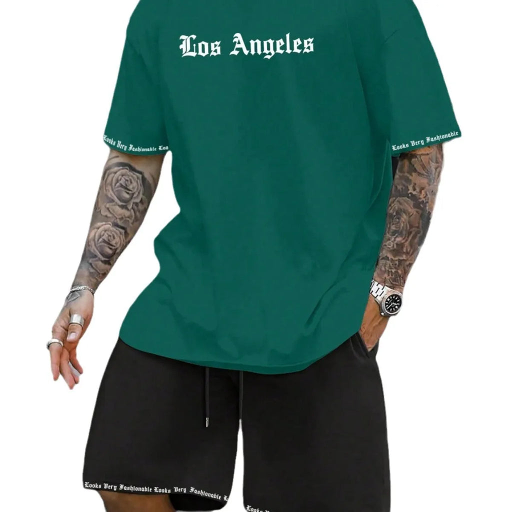 Sports-style short sleeve shirt and matching shorts set in a printed pattern, shown in colour G23P1573.