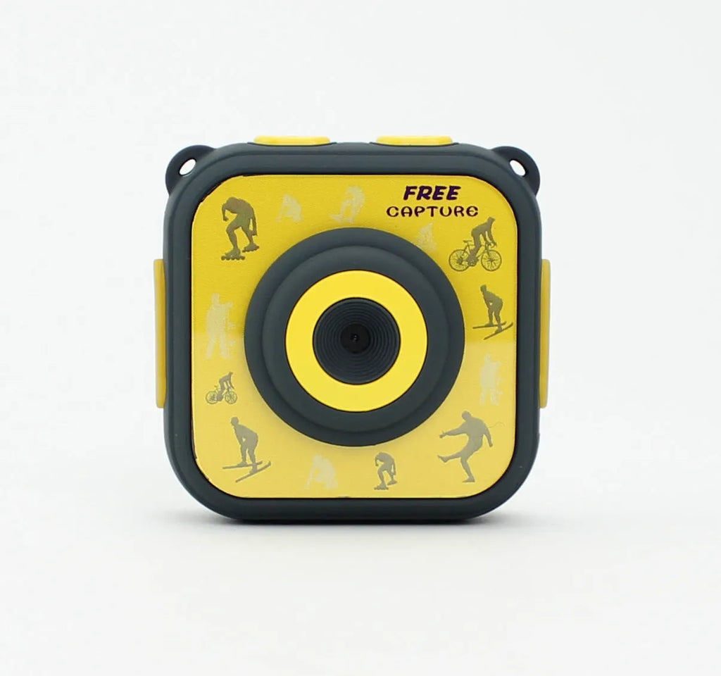 Yellow children's waterproof sports camera with 1.77-inch screen showing outdoor scene