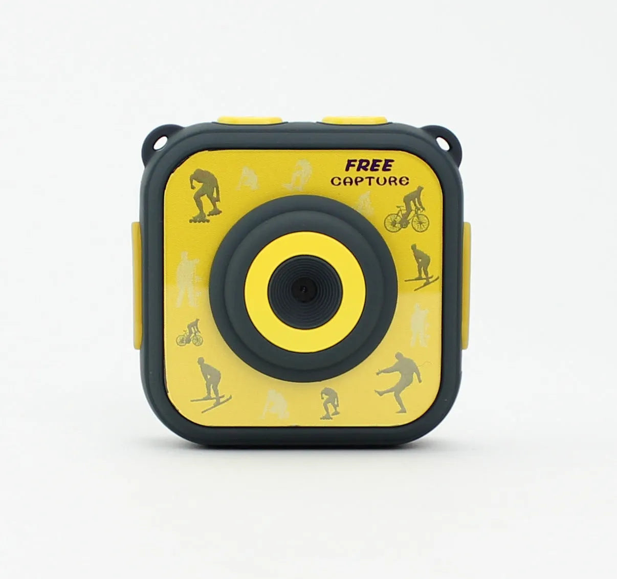 Yellow children's waterproof sports camera with 1.77-inch screen showing outdoor scene