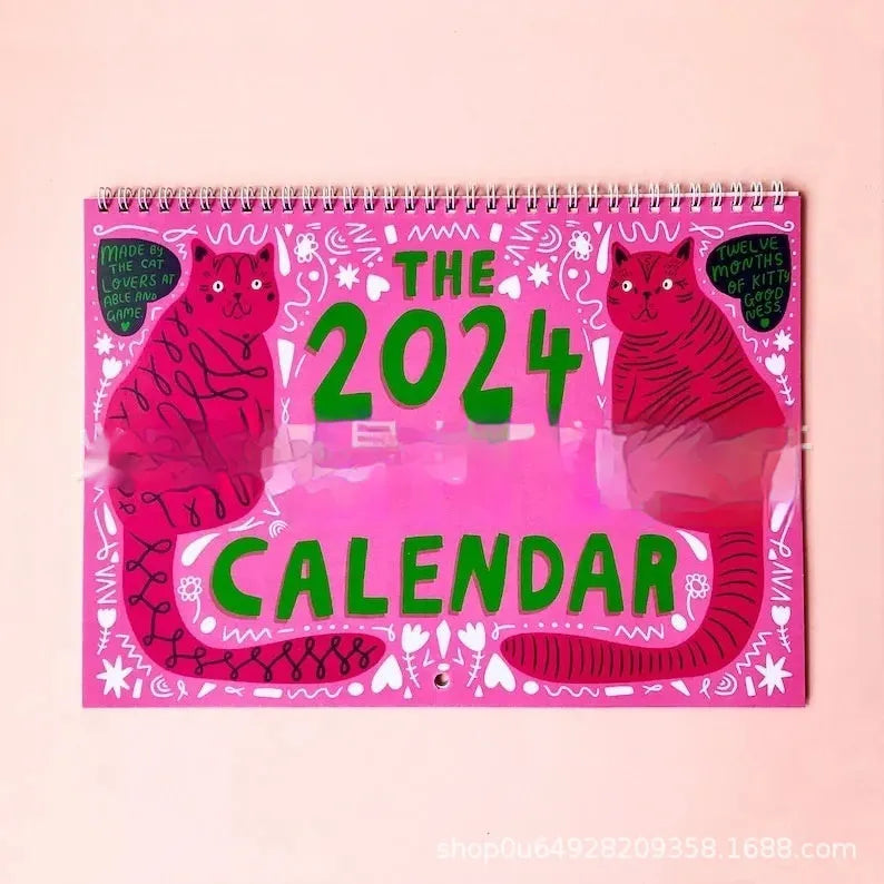 Cat-themed wall calendar planner for 2024 or 2025 year on paper