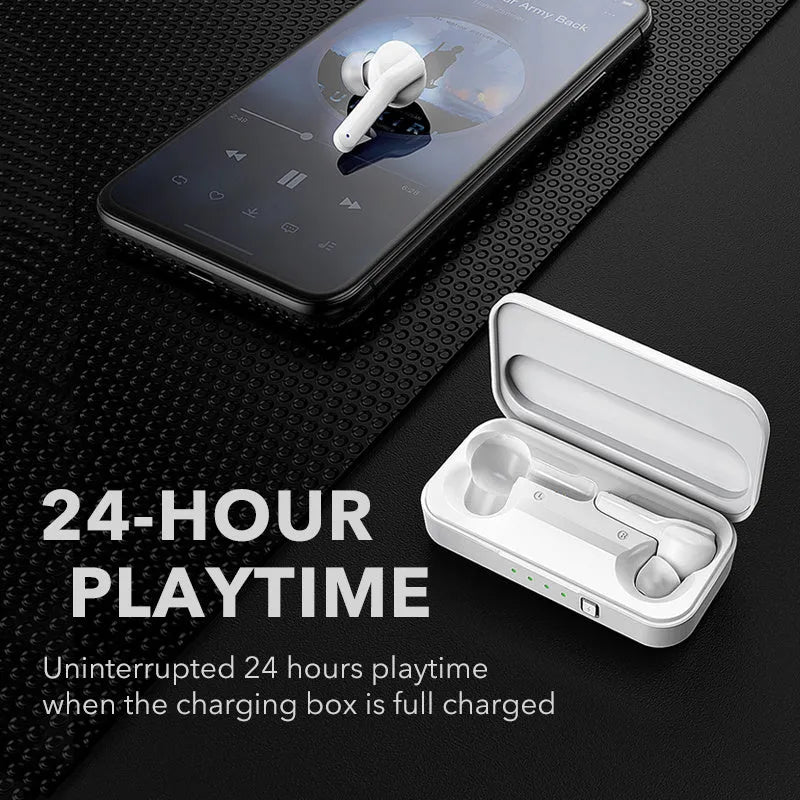 Black true wireless Bluetooth earbuds with in-ear design and IPX5 waterproof rating.