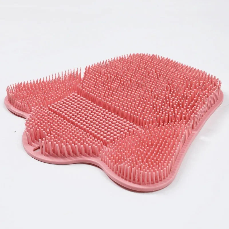 Blue silicone bath massage mat with long handle for back scrubbing.