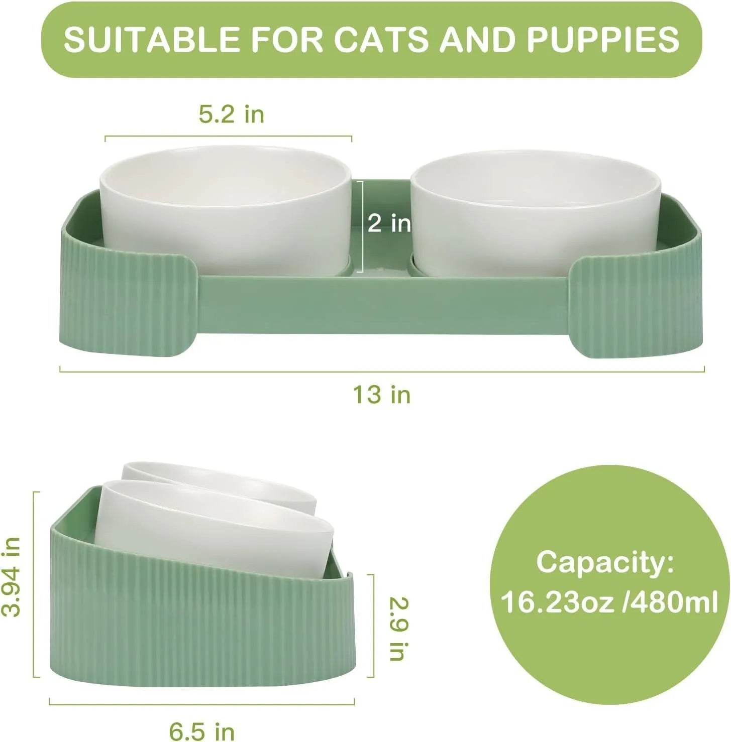 Green and white ceramic elevated cat bowls on a tilted stand for food and water.