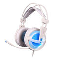 Black and white USB gaming headset with LED lights and over-ear cushioned design.