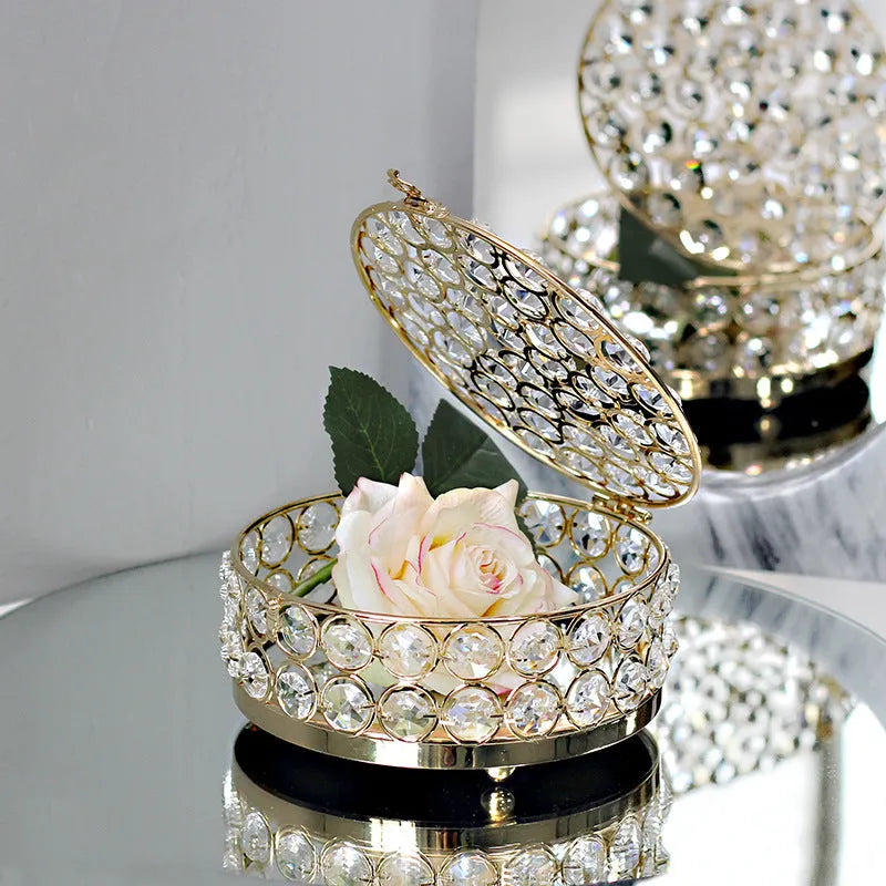 French gold metal jewelry box with transparent crystal glass lid for visible storage