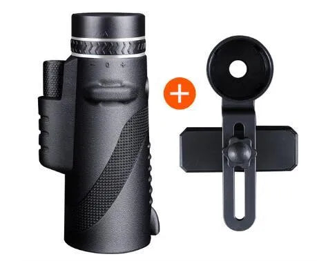 Black 40x60 monocular telescope with smartphone compatibility showing 40x magnification and waterproof construction