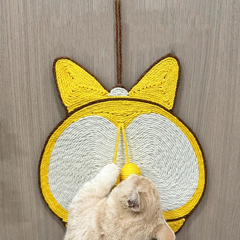 Yellow corgi-butt design sisal cat scratching pad with anti-slip base, shown with adhesive hooks.