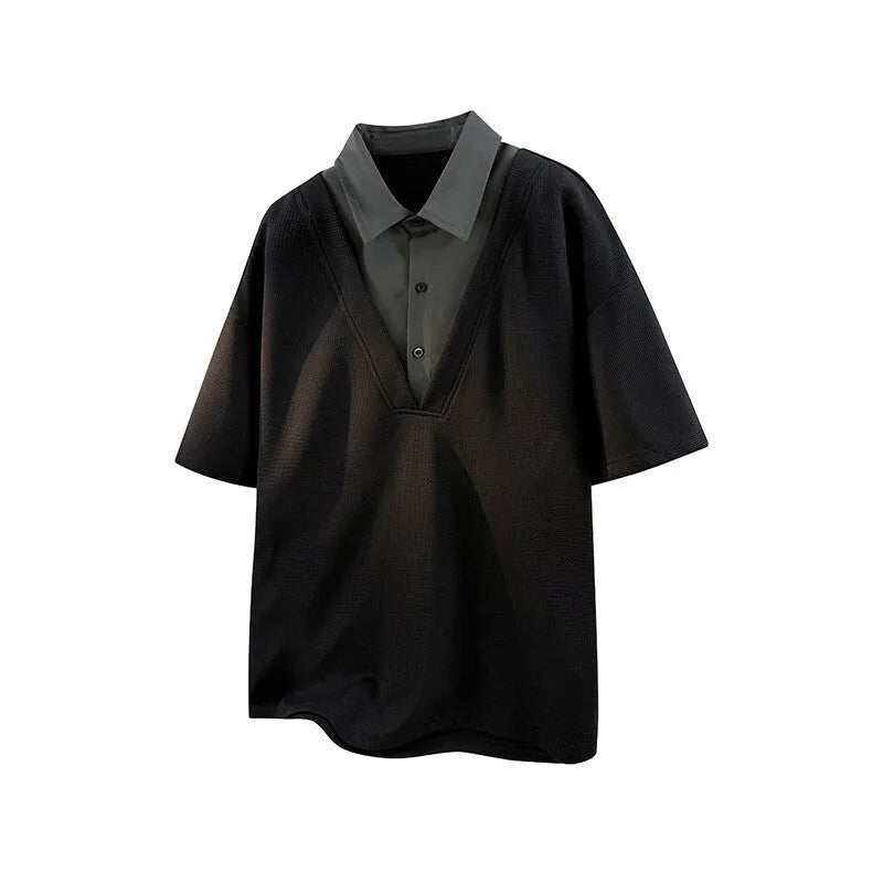 Men's heavy Henry collar polo shirt sweater in spandex with padding, shown in black and apricot colours