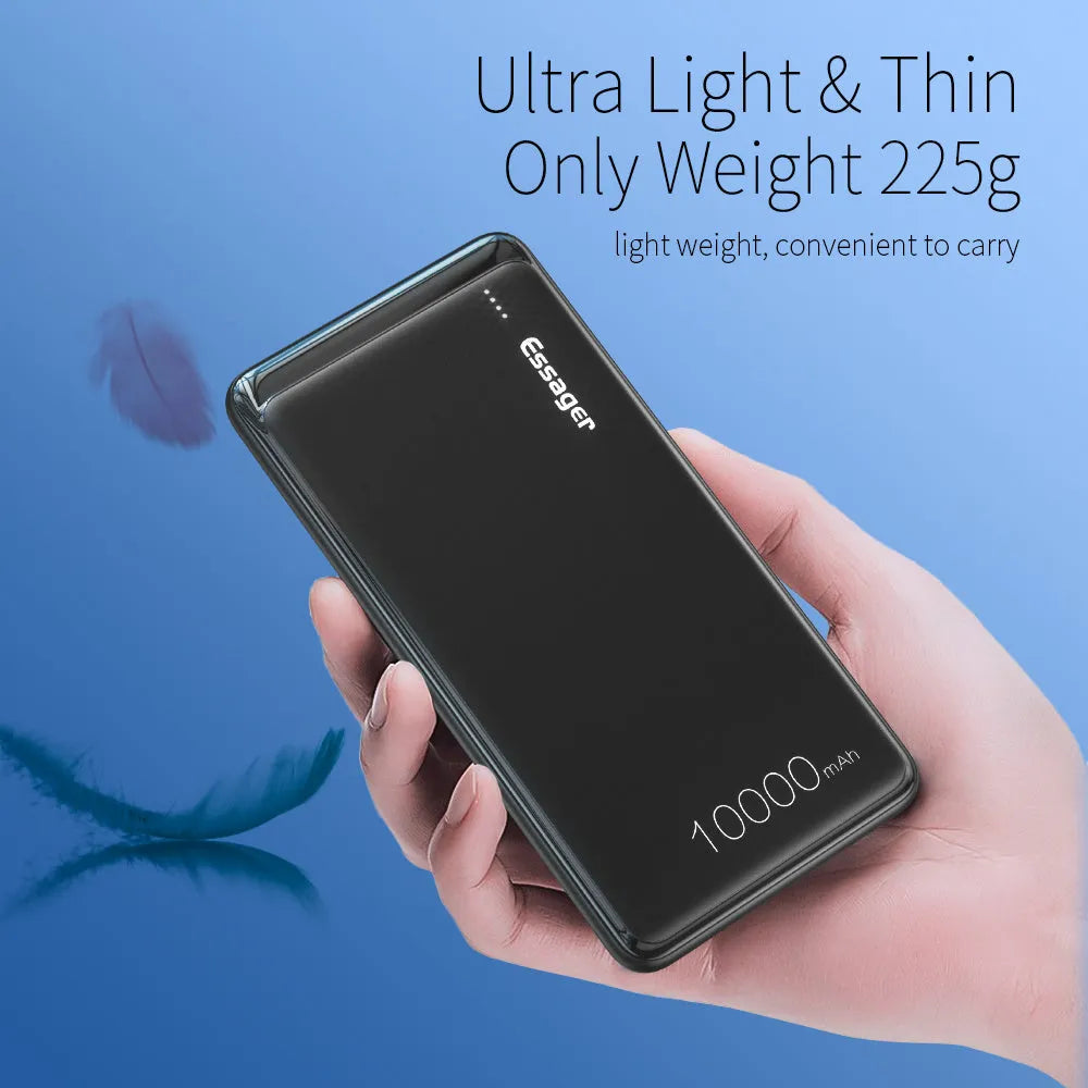 Essager Small Jane 10000mAh power bank in black or white showing dual USB ports and LED indicators