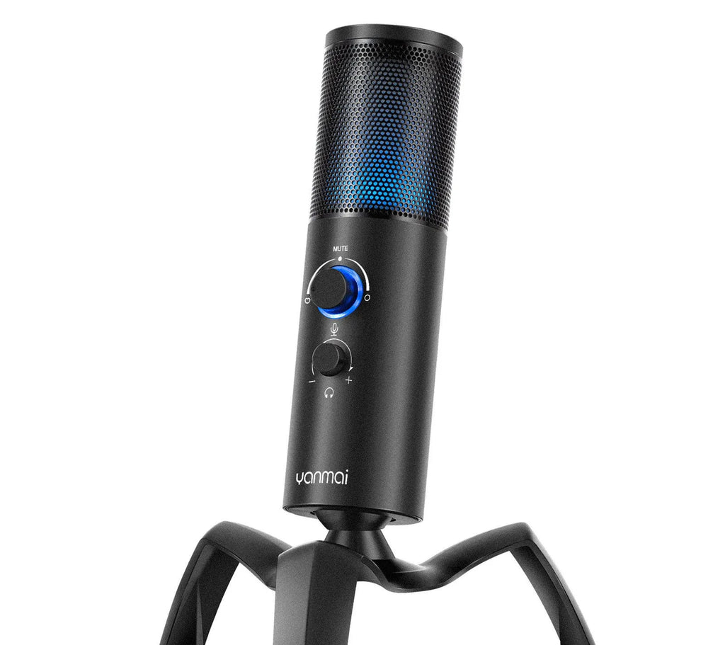 Black Q18 bidirectional USB condenser microphone with RGB lighting on adjustable tripod