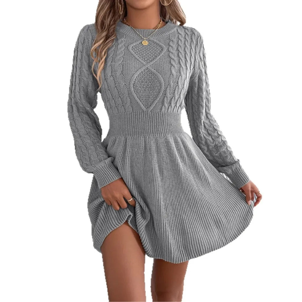 Black twist waist lantern sleeve sweater dress with artificial fur fabric