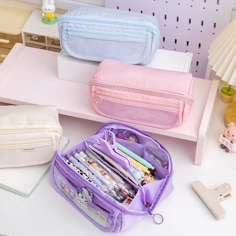 Korean-style ten-layer flip pencil case in canvas, shown in one of six available colours.