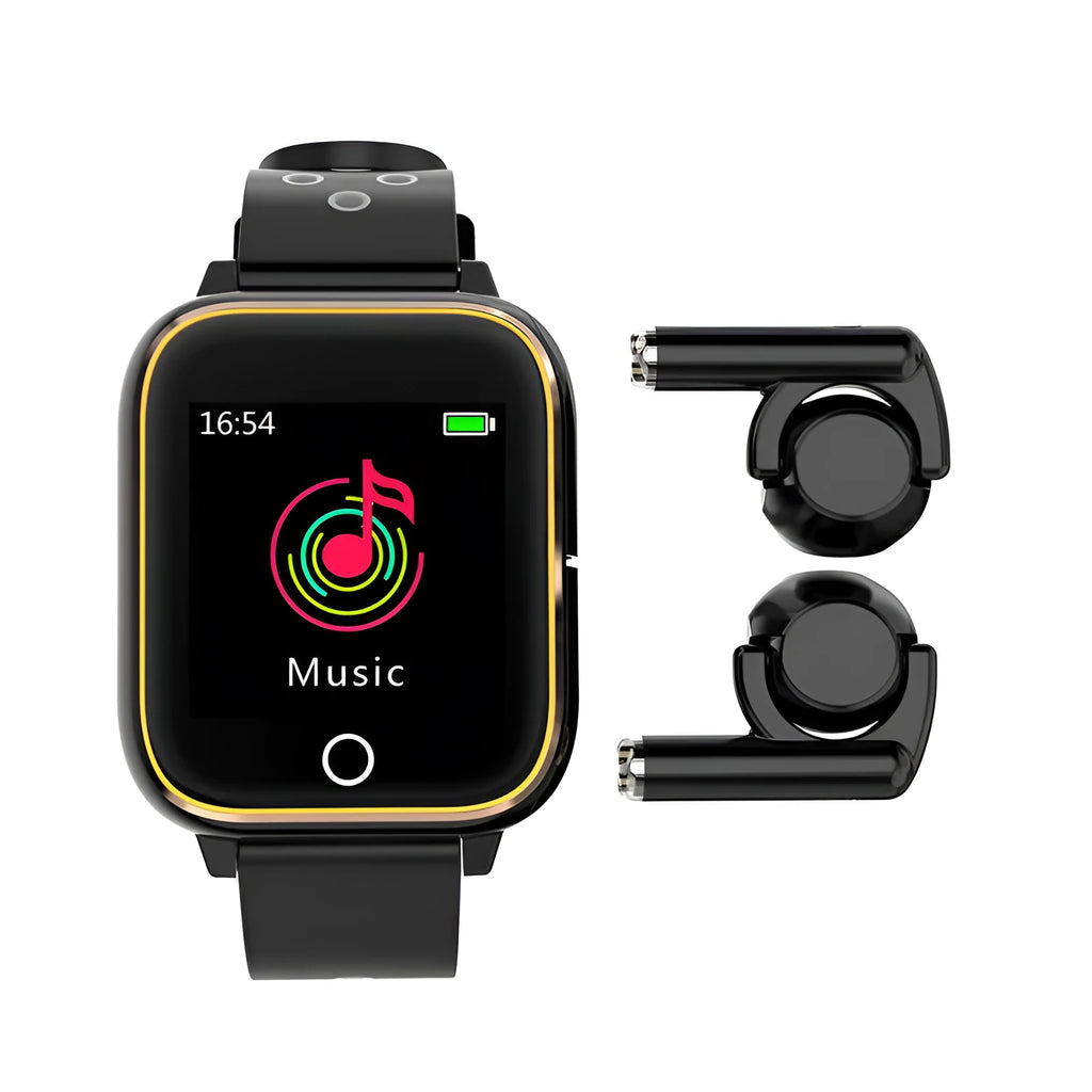 Black smartwatch with removable Bluetooth earbuds stored in watch case showing health monitoring display