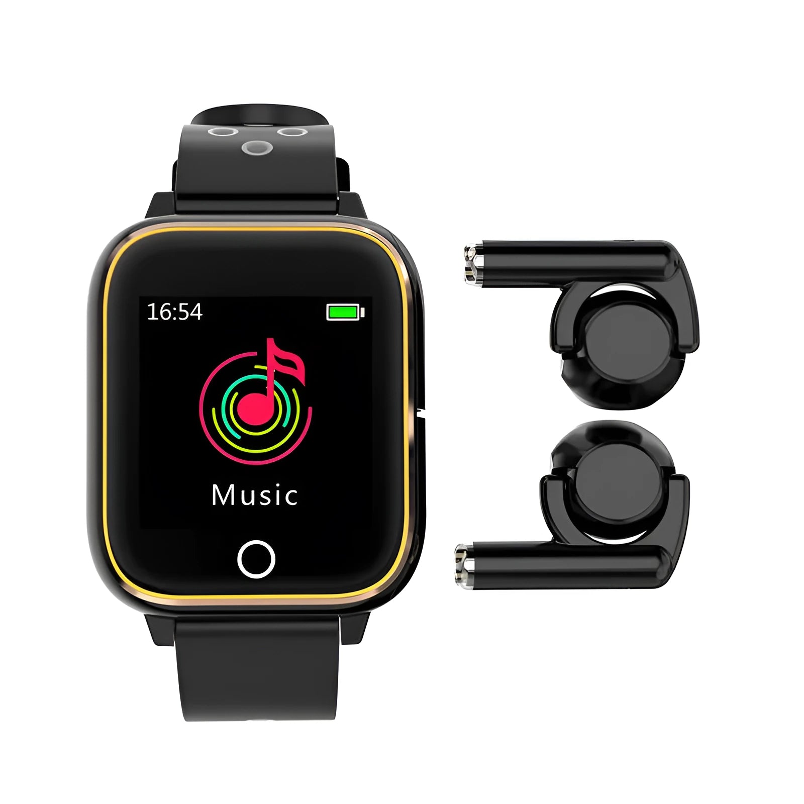 Black smartwatch with removable Bluetooth earbuds stored in watch case showing health monitoring display