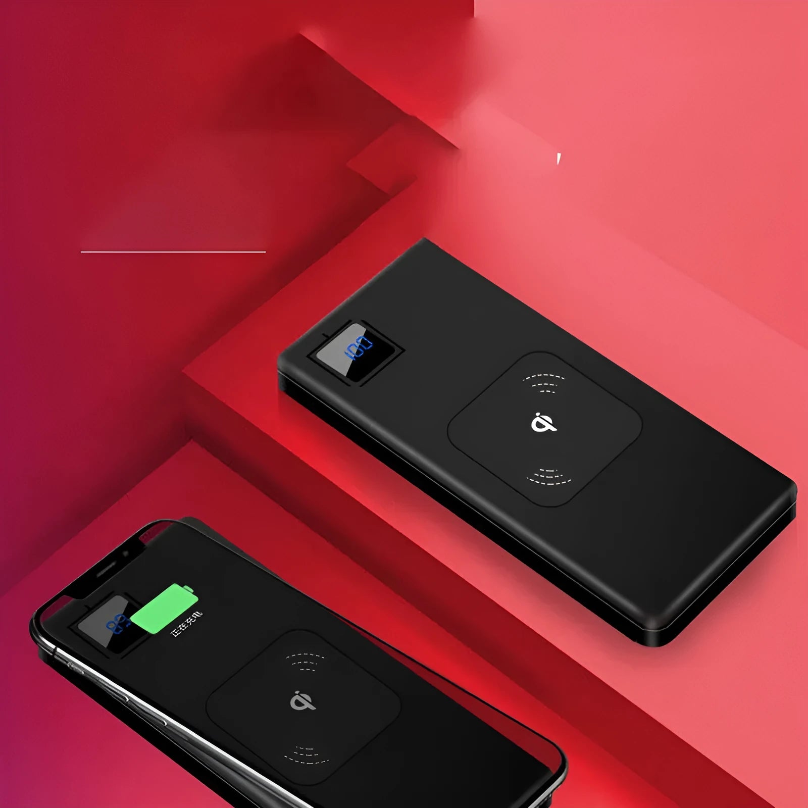 Black portable power bank with LCD display showing battery level.