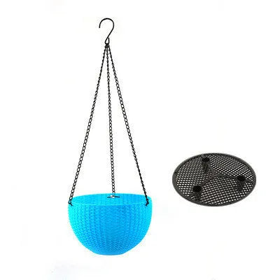 Plastic hanging basket planter with inner tank on a metal chain, shown in multiple colour options.