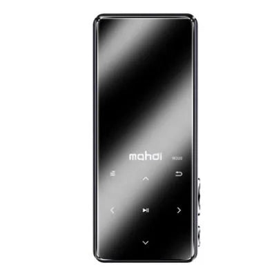 Portable black MP3 MP4 player with 2.4-inch touch screen showing music interface, placed next to wireless headphones.