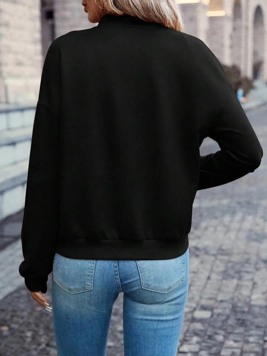 Black women's long sleeve zip jacket with faux pockets in a casual Korean style.