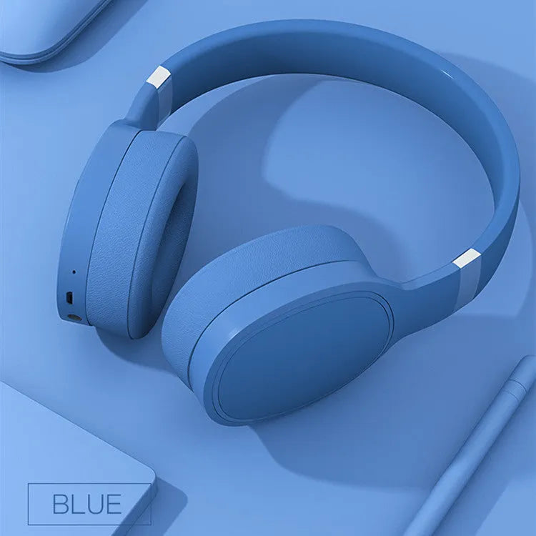 Wireless Bluetooth headset in Black, Blue, Grey, or White colour options showing over-ear design.