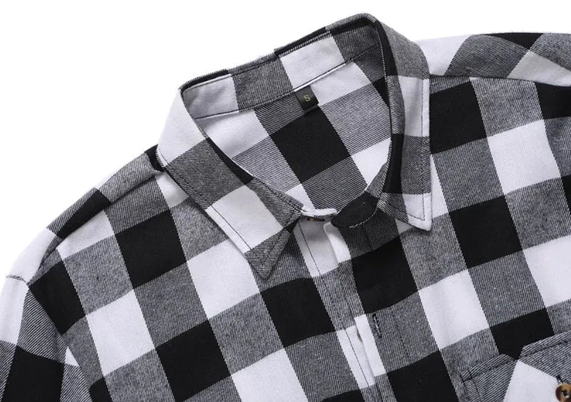 Men's black and white check long-sleeved shirt with lapel collar and double chest pockets