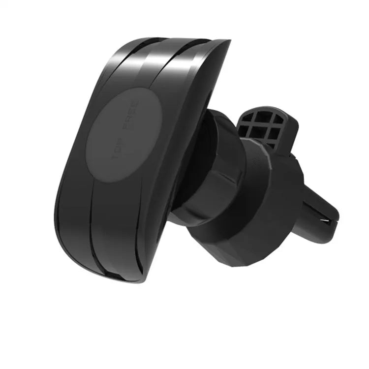 Black car phone holder clipped onto vehicle air vent with phone securely mounted