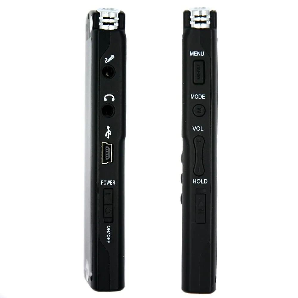 Black USB professional voice recorder unit with external microphone connector.